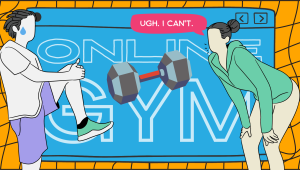 Illustration of people working out and being tired in front of a screen that says online gym