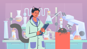 An illustration of a woman with cat ears and a tail looking at a mouse in a lab