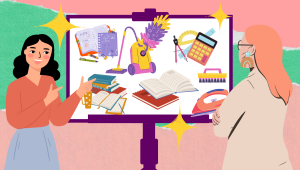 An illustration of a girl giving a presentation to her mom