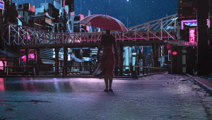 Sci-fi character looking at a dystopian cityscape.