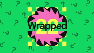 Logo of Spotify Wrapped against a backdrop of question marks