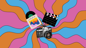 A lilm camera, vinyl, and a clapperboard against a psychedelic backdrop. 