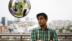 A young boy thinking about how his friends might be hanging out without him represented through a thought bubble. 