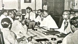Sheikh Mujibur Rahman in a Cabinet meeting with the Governor of East Pakistan Sher-e-Bangla A.K. Fazlul Huq and the Chief Minister Ataur Rahman Khan (June 7, 1957)