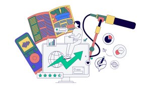 Magazine, microphone, messages, and other elements involved in a Communications degree. 